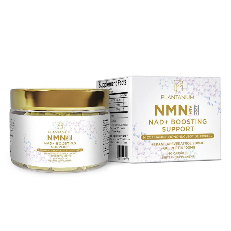 NAD Booster Triple Action With Nicotinamide Mononucleotide 1000mg capsules and packaging.