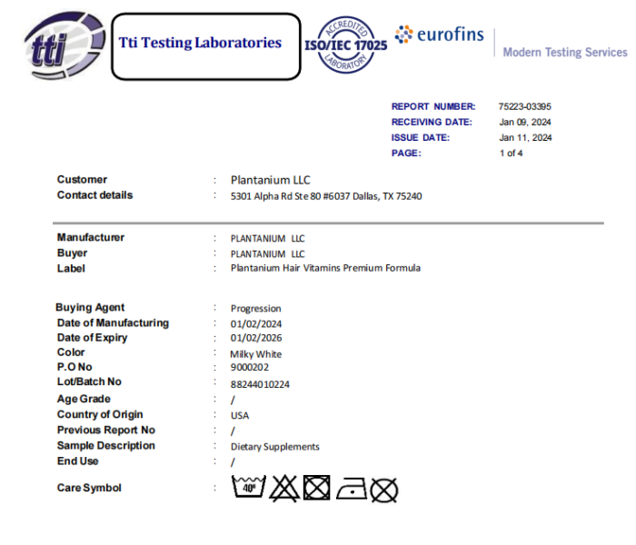 Third party testing certificate for hair vitamin